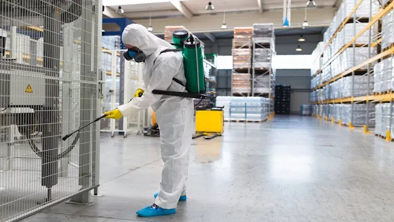 A pest control technician treating inside a commercial warehouse in Florida.