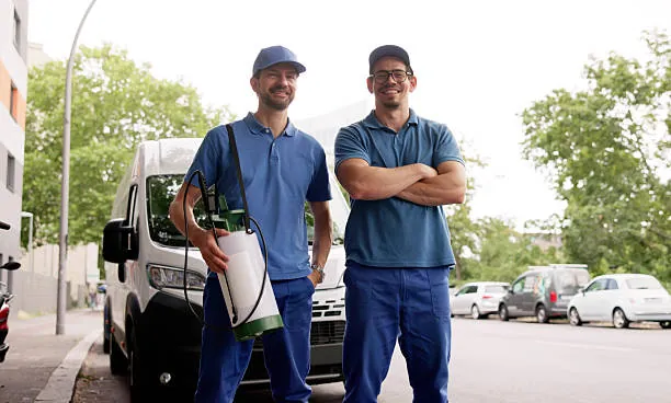 Two pest control technicians with their service van before Maryland routes.