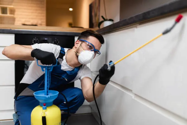 A pest control technician treating a kitchen on a Kansas service call.